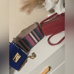 Nanette Lepore pink, Kenneth Cole red mini bags and  Blue Striped Bag
